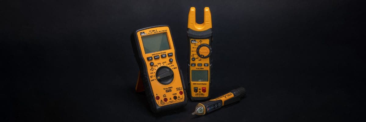 IDEAL 200A AC/DC TRMS Split Jaw Meter, TightSight, w/ Flashlight & NCVT. Application shot showing the fork meter testing an electrical outlet using its built-in non-contact voltage tester function.